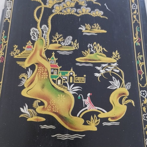 Vintage metal note holder with Chinoiserie design, used