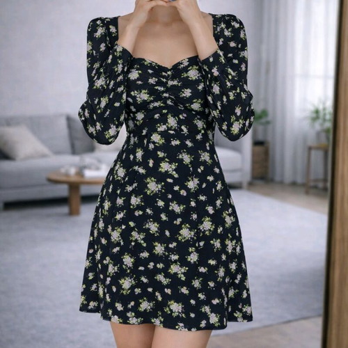 Zara floral mini dress with ruching and sweetheart neckline like new