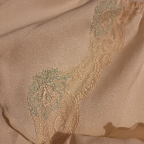 Retro baby doll with delicate lace and embroidered floral details, cream satin, size L, like new