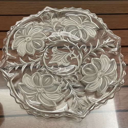 Glass bowl, glass platter and two glass bowls with embossed designs like new