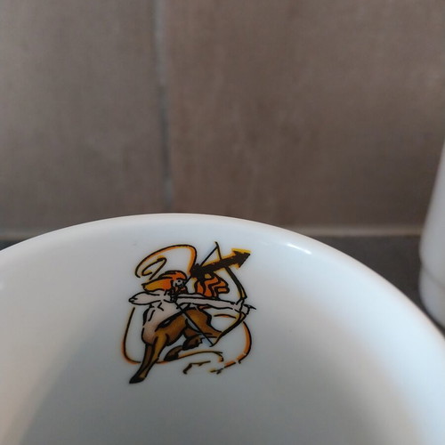 Sagittarius and Virgo mugs set used, porcelain and Anchor Hocking 1970s