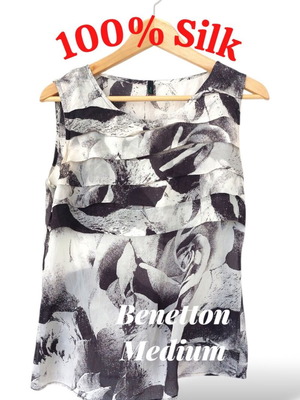 United Colors of Benetton silk sleeveless blouse, medium, black and white