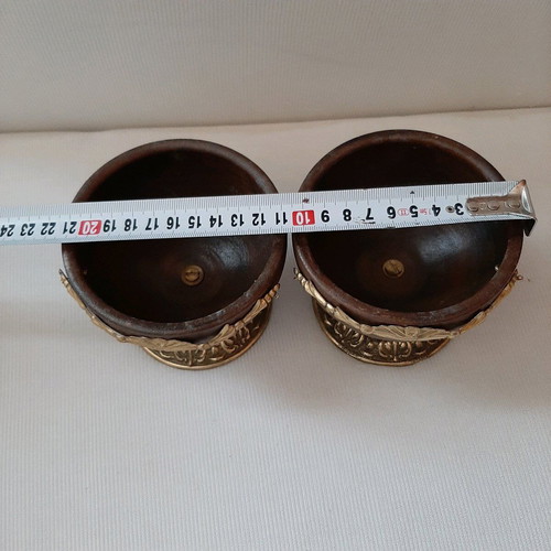 Wooden antique cups like new, decorated with bronze and copper, set of 2