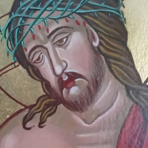 Jesus Christ image handmade icon on canvas with gold leaf