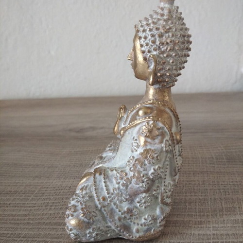 Feng Shui Sitting Buddha Statue used, resin, gold and white