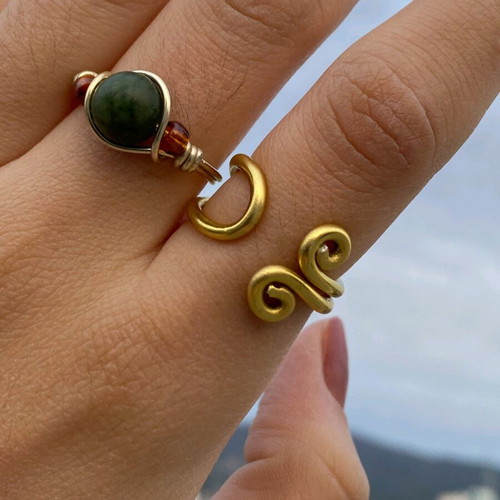 Stainless steel set of 3 handmade rings with nephrite gemstone