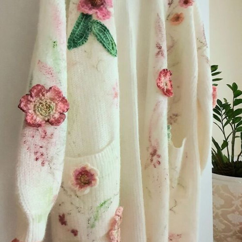 Cardigan long knit with handmade crochet flowers, new, alpaca wool