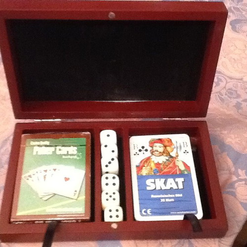 Wooden box with two new decks of cards and six dice with velvet lining