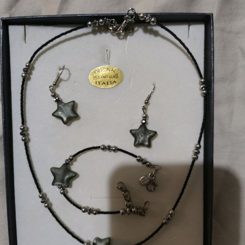 Murano Glass jewelry set new, necklace, bracelet and star earrings gray