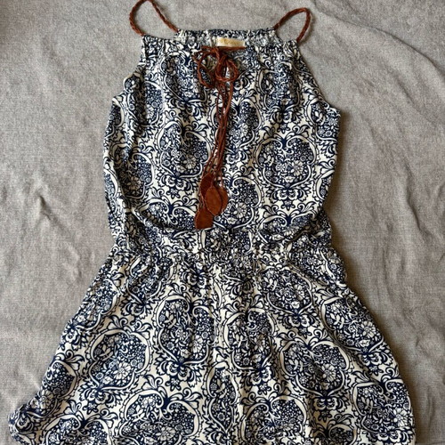 Playsuit printed short romper like new, blue white with leather straps