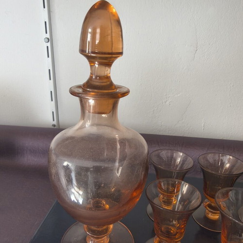 Vintage amber glass drink set with decanter and 6 glasses, 1970s