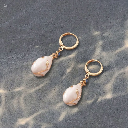 Designer Gold Drop Earrings with Pearl Effect and Blue Crystal, New
