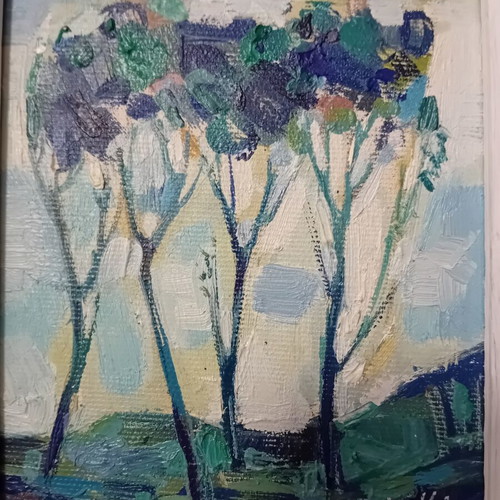 Original oil painting "Landscape in Blue" by Krasimir Doychev with wooden frame