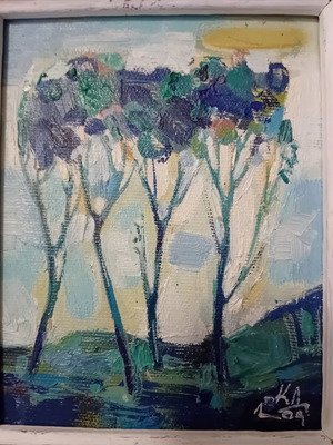 Original oil painting "Landscape in Blue" by Krasimir Doychev with wooden frame