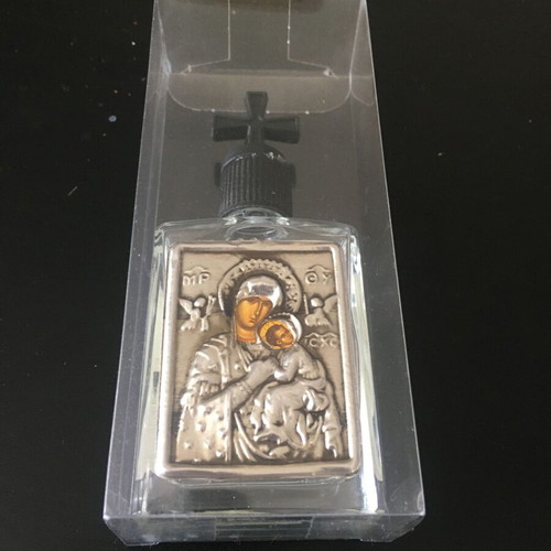 Holy Water Bottle new, glass with metal Virgin Mary decoration