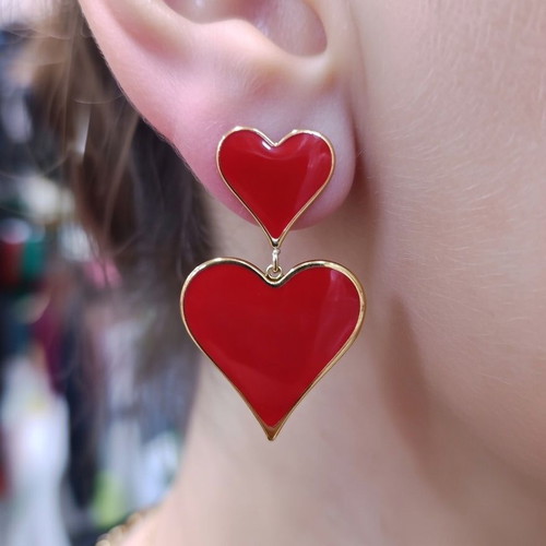 Crimson Duo Hearts Luxury stainless steel earrings new, red and gold