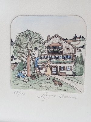 Laura Braun hand-coloured etching 85/500, used, vintage framed apple harvest