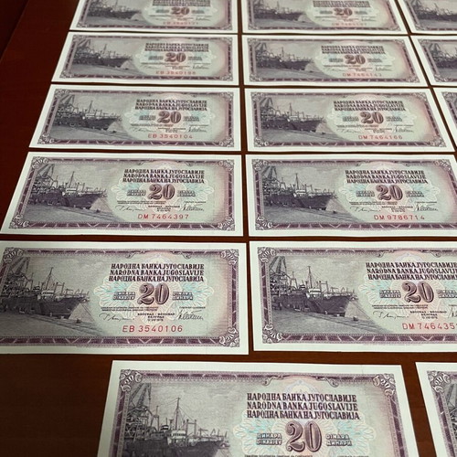 Yugoslavia 20 Dinar Banknotes 1974 unc, lot of 20 pieces