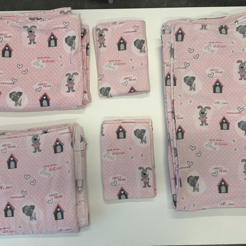 Flannel cotton single bed sheet set, pink with dog print