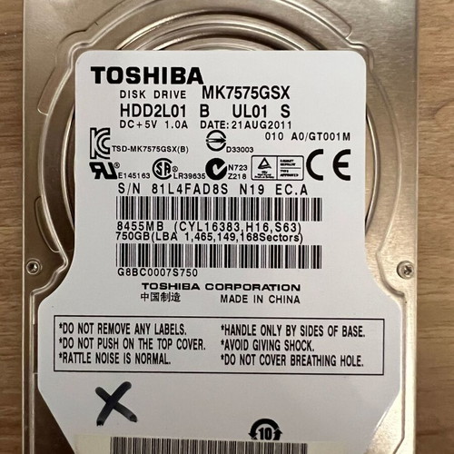 Toshiba Disk Drive 2.5 inches MK7575GSX 750GB used