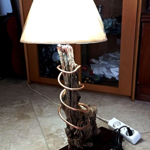Handmade Driftwood Table Lamp with Copper Spiral and New Lampshade