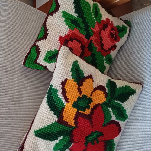 Vintage Handmade Pillows Set of 3 with Embroidery and Crochet