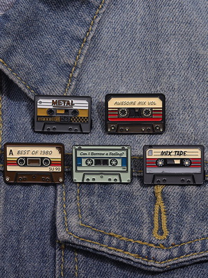 Retro enamel cassette tape pins new, black and red