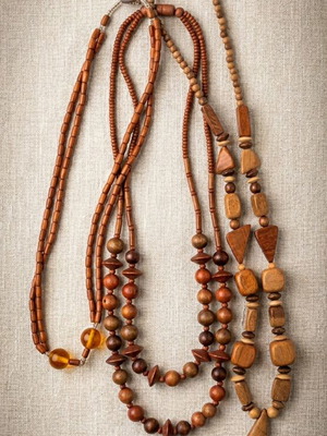 Set of 3 wooden necklaces, brown tones