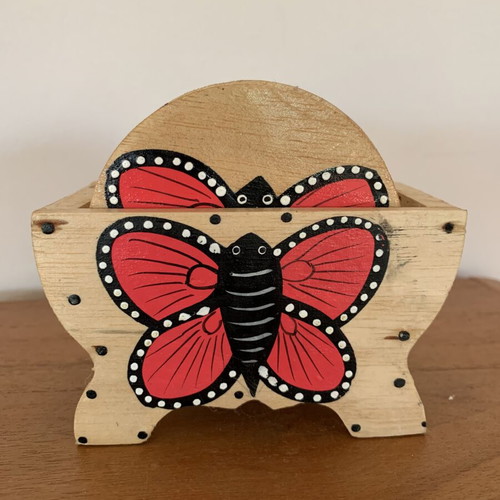 Wooden coasters with holder, handmade, like new, butterfly design, set of six