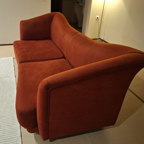 Three-Seater Sofa handmade with Beech Wood Frame, used, Bordeaux Alcantara Fabric