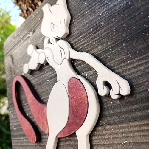 Handmade wooden Mewtwo wall decor, Pokémon, 28x28 cm