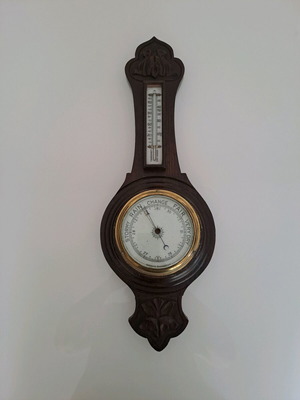 Vintage aneroid barometer with thermometer used, hand-carved wood case