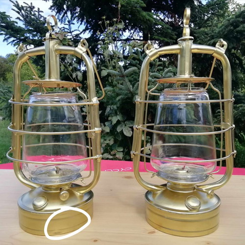 Postwar English Storm Lantern refurbished, gold with original glass