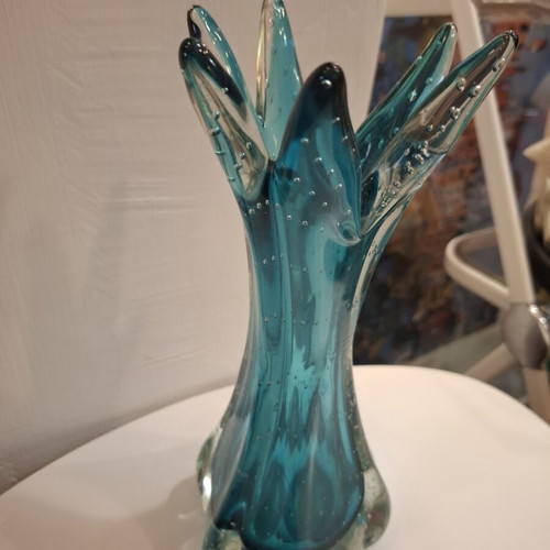 Teal Bubble Sommerso Seguso Murano glass vase used, 1970s Italy