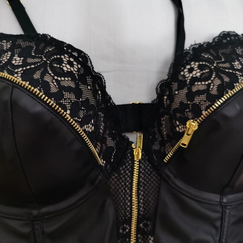 Leather-effect bustier with lace and gold zippers