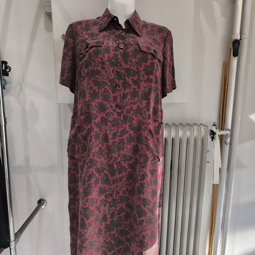 Hand made silk dress size L, like new, burgundy with duck pattern