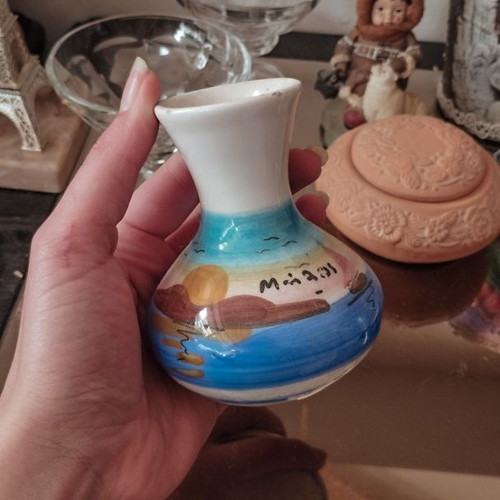 Small decorative ceramic vase with painted Milos landscape like new