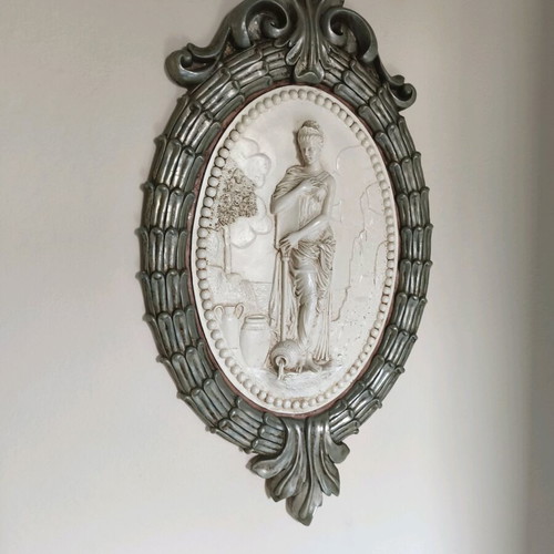 Neoclassical large plaster wall decoration with embossed figure like new