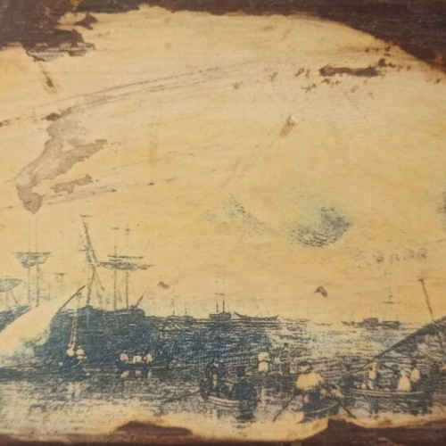 Engraving on old wood used, harbor theme from previous century with hanger