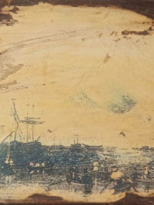 Engraving on old wood used, harbor theme from previous century with hanger