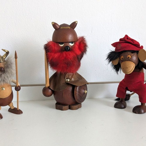 Vintage Hans Bølling Teak Monkey and 2 Danish Viking Figures used