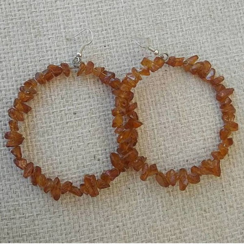 Large Handmade Earrings with Brown Semi-Precious Stone Chips