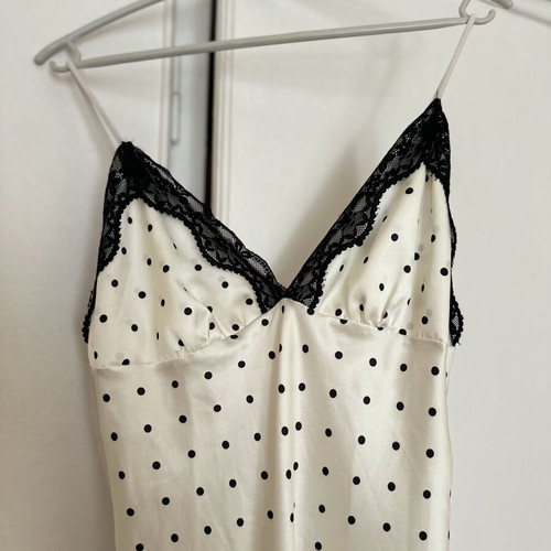 White satin maxi polka dot dress with black lace details, like new