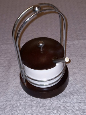 Bowl with lid like new, ceramic mustard pot set with metal frame