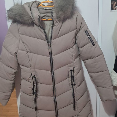 Quilted jacket with hood and fur trim like new, beige taupe