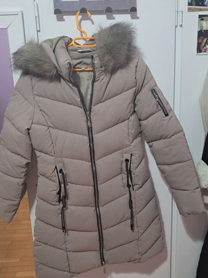 Quilted jacket with hood and fur trim like new, beige taupe