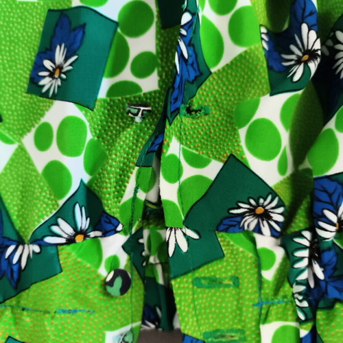 Handmade midi flared skirt, green with blue geometric pattern