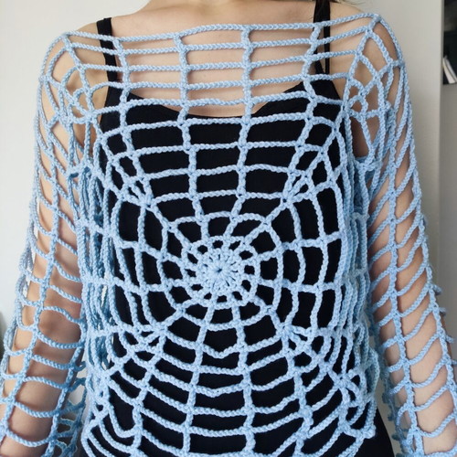 Handmade knitted blouse with spider web pattern, new, blue
