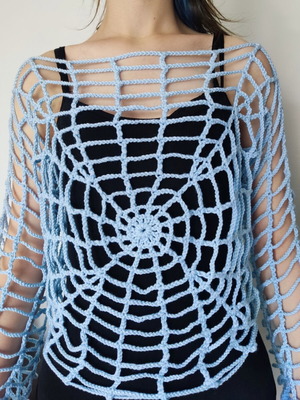 Handmade knitted blouse with spider web pattern, new, blue