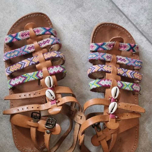 Boho leather sandals size 41 used with macrame and shells